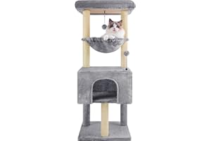 ROYPET 110cm Cat Tree Tower with Sisal Scratching Posts for Indoor Cats,Cat Tower with Hammock and Hanging Ball Toy,Pet Furniture Activity Centre with Condo,Play Towers&Trees,Small Space,Grey