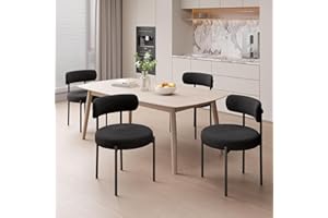 Hawthyhome Esszimmerstühle 4er Set丨Teddy Stoff Runde Boucle Stühle·Mid-Century gepolsterte Küchenstühle·Dining Chairs mit Metallbeinen·schwarz·FU01031BL-4