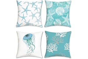 Bonhause 4 Pack Federa per Cuscini Stella Marina 45 x 45 cm Medusa Corallo Blu Costiera Velluto Morbido Copricuscini Decorativi per Divano Letto Auto