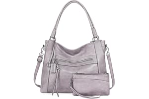 BAIGIO 2-piece Handbags Womens Hobos Shoulder Bags Large Faux Leather Top-Handle Bag Ladies Cross Body Tote Bag with Zipper & Wristlet Purse, for College Work Business Shopping Travel, Light Purple