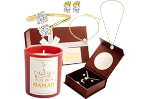 ALMASS cadeau maman - cadeau fete des meres - anniversaire maman : boîte avec miroir + OR 14Carats un ensemble de 4 bijoux + bougie parfumée artisanale