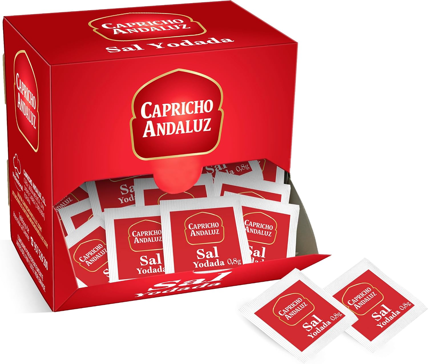 Capricho Andaluz - Sal en Sobres Monodosis Expositor 300 Unidades 0.8g - Porciones Individuales para Hostelería, Catering, Buffets y Uso Diario