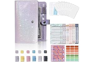 HYKIEE Budget Binder/Money Saving Wallet for Cash Stuffing Savings/Budgeting, Small A6 6 Ring Budget Book Planner Organiser PU Leather with Money Folder/Cash&Bill Envelopes & Expense Budget Sheets, Purple