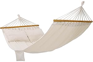 SONGMICS Hamac, Hamac d'extérieur de camping, Lit suspendu, 2 barres en bois, avec 2 oreillers, capacité de charge 300 kg, 210 x 150 cm, Beige GDC22M