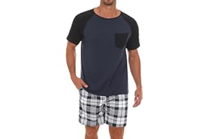 Jahetuul Pijama Hombre Algodon Conjunto de Pijama Corto con Pantalón Corto a Cuadros Pijamas Verano con Bolsillos Ligero Suave y Cómodo para Casa