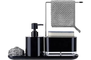 Dadabig Distributeur Liquide Vaisselle 5 en 1, Savon Cuisine Set, Organisateur De Vaisselle Noir Pour l'Évier De Cuisine