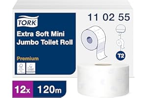 Tork 110255 extra weiches Mini Jumbo Toilettenpapier in Premium Qualität für das Tork T2 Mini Jumbo Toilettenpapiersystem / Toilettenpapier 3-lagig in Weiß, 12 x 600 Blatt