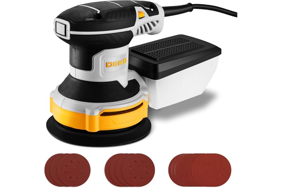 DEKOPRO Random Orbit Sander 300W with 16Pcs Sandpapers, 6 Variable Speed 14000RPM, 125MM Hand Electric Tool, Dust Removal Function, Fit for Woodworking/Sanding