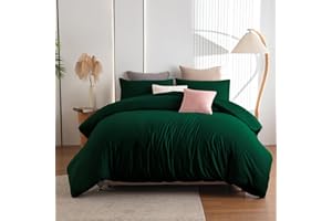 Soifox Double Duvet Cover Set - Dark Green Bedding Set Double Bed with Zipper Closure, Soft Non Iron Microfiber Duvet Cover with 2 Pillowcases