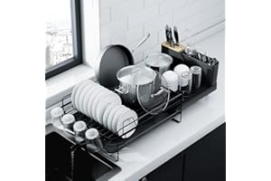 Kitsure Dish Drainer Rack - Extendable Dish Drainer, Multifunctional Dish Rack for Kitchen Counter, Anti-Rust Draining Board Rack with Cutlery & Cup Holders, 67.8cm x 32.7cm x 14.9cm, Black