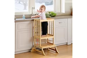 COSYLAND Height Adjustable Toddler Step Stool – Kids Kitchen Stool Helper With Stabilizing Base Block – Portable Toddler Standing Tower For Kitchen Bathroom Living Room Dining Room (Natural)
