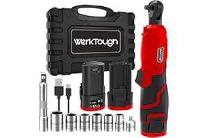 werktough Power Cordless Ratchet Wrench 3/8" Tool Kit with 2 Pack Li-ion Batteries with 6 Sockets, Extension Bar and 1 Type C USB Cable Red