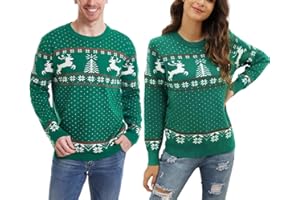 Enjyam Damski sweter bożonarodzeniowy, okrągły dekolt, długi rękaw, sweter z dzianiny z reniferem, płatkami śniegu, miękki, ciepły, norweski sweter na zimę