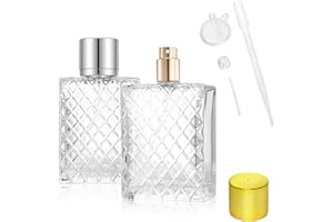 LUBOXIN 2 Pcs 100ml Perfume Atomisers Refillable, Clear Glass Perfume Spray Bottle Square Grids Empty Perfume Bottles Portable Travel Perfume Atomiser Refillable with Funnel, Dropper and Squeezer