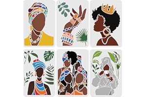 FINGERINSPIRE 6PCS African Tribal Women Stencils 29.7x21cm Plastic Tropical Plant Craft Stencil Large African Girl Stencil Templates with Ring Earrings Bracelet Crown for Art Home Decoration