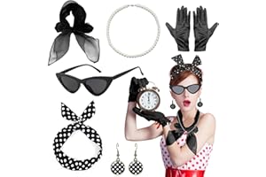 NebulaGlam 50er Jahre Accessoires Damen, 8 Stück Rockabilly Accessoires Damen für Karneval, 1950s Kostüm Set mit Chiffon Schal Handschuhe Sonnenbrille Polka Dot Bandana Ohrringe Halskette