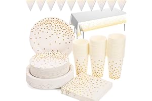 DUOCUTE Bianche e Dorate Stoviglie per Feste 99 Pezzi Stoviglie Carta Set Include Piatti di Carta Tovaglioli Tazze Tovaglia Banner, per Nuziale Doccia, Fidanzamento, Matrimonio, Compleanno (24 Ospiti)