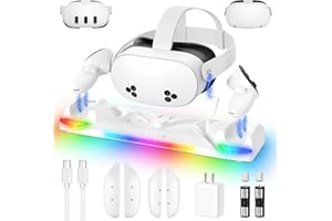 KINWIN Charging Dock for Meta Quest 3S/3/2, 30W Fast Charging Station for Oculus Quest 3S/3 Accessories with 11 Colors Light, Magnetic Charger Stand for Headset/Controller with 2 Rechargeable Battery
