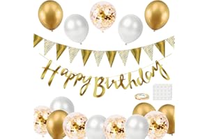 BEKOIUP Ballons Decoration Anniversaire - Deco Anniversaire Guirlande Joyeux Anniversaire Happy Birthday Bannière, Ballon Blanc Or avec Confettis pour Adulte Homme Femme Enfant Garçon