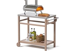 TORVA Movable Pizza Oven Trolley, Outdoor Food Prep Dining Table Cart with Stainless Steel Metal Top, BBQ Grill Stand for Kitchen Patio Backyard Garden, Wood Color