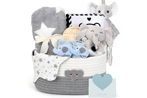 Nyfödda presentset baby presentkorg för pojkar och flickor | Innehåller babyfilt, sensorisk bok, skötstrumpor, skallra och milstolskort, lämplig för babyshower & födelse