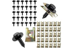 zrfgbxim 60 Pcs Car Screw and Nut Clip Kit: 30 Auto Body Fender Screws&30 U Clips, Bumper Guard Plate Fixing Bolts Screws, U Type Fastener Clips, Hex Self Tapping Undertray Screws for Car Interior