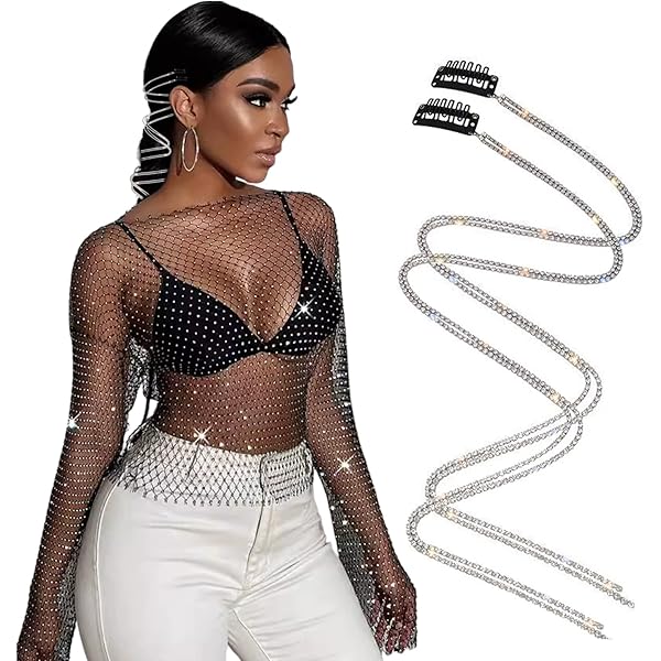 JasGood Strass Glanzende Mesh Lichaamsketting Tops voor Vrouwen, Flitsend Bikini Crop Top voor Nachtclub, Party, Festival, Eén maat