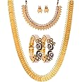 Zeneme Jewellery Set Gold Plated Pearl Studded Bangles Jewelry, Long Maharani Temple Coin Necklace, Short Red Green Necklace Set with Earring Jewellery for Women and Girl