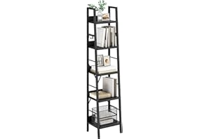 YITAHOME Bookcase 5 Tiers, Industrial Ladder Shelf Floorstanding Book Shelf Wooden Shelves and Metal Frame Book Rack Modern Shelving Unit for Living Room, Hallway, Office, Black Bookshelf