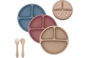TudoBem Assiette Ventouse pour bébé Antidérapante [5 Pcs] sans BPA | Assiette compartiment bebe [x3] Fourchette et Cuillere Bebe Apprentissage [x1] | Silicone 100% Alimentaire, Coffret Naissance Idéal