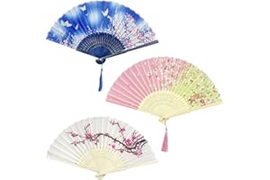 BEIIEB 3 x Chinese Vintage Folding Fans, Handmade Dancing Fans, Folding Fans, Plum Flowers, Butterfly Flowers, Daisy Flowers, for Ocean Gifts, Wall Decoration, etc.