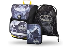 Baagl Schulranzen Jungen Set 3 Teilig, Ergo Schultasche ab 1. Klasse, Ergonomische Grundschule Ranzen mit Brustgurt (Batman Storm)
