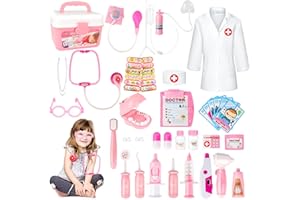 deAO Dziecięce odgrywanie ról dla dentysty, chirurga i weterynarza, 30 sztuk, z dźwiękiem i światłem, w tym elektroniczny stetoskop, peleryna laboratoryjna i sprzęt medyczny (różowy)