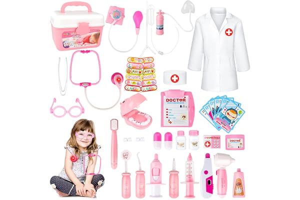 deAO Kids Jeu de rôle pour Dentiste, Chirurgien et vétérinaire, 30 pièces, avec Son et lumière, y Compris Un stéthoscope électronique, Une Cape de Laboratoire et Un équipement médical (Rose)