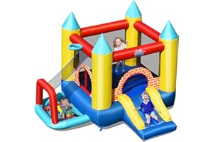 COSTWAY Castello Gonfiabile Per Bambini,Con Canestro e Piscina, Con 30 Palline, Con Borsa di Trasporto e Kit Riparazione, Ideale Per 3 Bambini 3-10 Anni (Senza compressore)