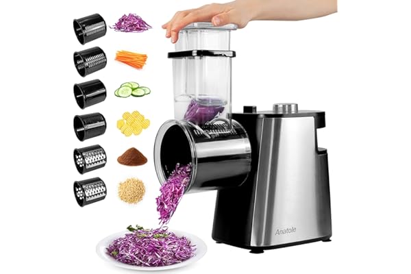 Anatole Coupe Légumes Électrique Rape à Fromage Acier Inox 6 Lames 250W Rapeuse Carottes Professionnel Grand Calibre Trancheuse de Légumes Multifonctions 220V Fiche UE
