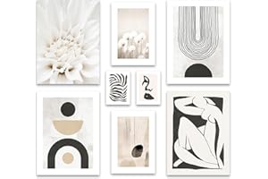ARTFAVES® Set di poster - ASTRATTO NERO ART - decorazione da parete in più parti Soggiorno e camera da letto - 8 quadri da parete moderni astratto, Henri Matisse, bianco e nero, beige - senza cornice