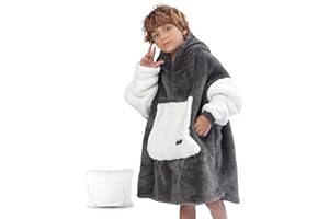 Argstar Bluza z kapturem oversize, dla dzieci, przenośna bluza z kapturem dla dziewcząt i chłopców, miękki koc z kapturem, przytulny koc Sherpa, ciepła bluza z kapturem z kieszenią i rękawami, szara
