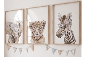 Eviepops Prints Ensemble Animaux Safari de 3 Impressions Sans Cadre pour Chambre d'enfant Fille ou Garçon, Décoration Chambre Posters Décoratifs Muraux, Eléphant Zèbre Lion (A4)