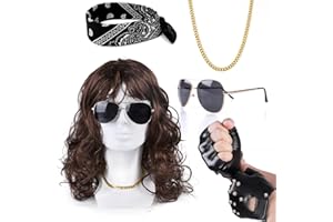 Humairc Perruque Eddie Deguisement Hippie Homme Munson Cosplay Deguisement Halloween Deguisement Disco Perruque Lunettes Collier Serre Tete Gants Punk- Costume Carnaval Annees 80 Perruque Halloween