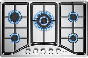 ISEASY Piano Cottura 5 Fuochi, 73cm Piano Cottura a Incasso, Per Gas Naturale/Propano, Sicurezza Tramite Termocoppia, Acciaio Inossidabile