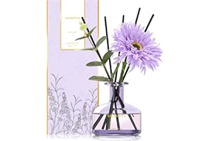 ‎SAUSSAVITA Blume Raumduft Diffuser 120 Tage für Büro Lavendelfelder Duft Aroma Diffuser mit 7 Duftstäbchen, Natürlich, Langanhaltend Raumdüfte-Set für, Lufterfrischer Violette Glasflasche