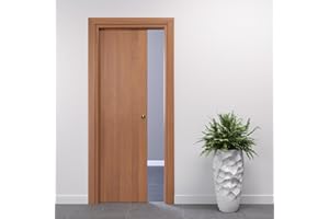 FIP Porte Italiane, Porta Scorrevole Interno Muro, Porta a Scomparsa in Legno, Telaio in HDF e Coprifili Waterproof, Colore Noce Tanganica Naturale, 80x210 cm, con Serratura Ottone Lucido
