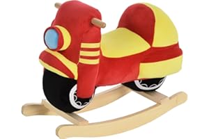 HOMCOM Kinder Schaukelpferd Baby Schaukeltier Motorrad mit Motorrad Sound, Schaukel Schaukelspielzeug Haltegriffe für 18-36 Monate Plüsch Rot+Gelb 60x25.5x48 cm