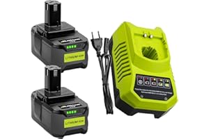 Moticett 2 x 18V 5.5Ah Batteries de Rechange (avec Chargeur) Remplacement pour Ryobi 18V Batterie + 9.6V-18V 3A Chargeur pour Ryobi Outils électriques P106 P107 P108 P102 P103 Auto-LED