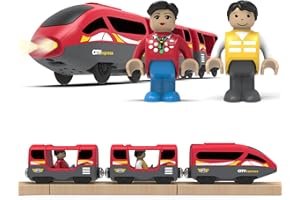 DxxD Trenino Elettrico per Bambini, Trenino Legno Giocattolo con Suono e luce, Bambino Treno Intercity con Figure, Locomotiva ad Azione a Batteria Compatibile con Thomas Brio, Ragazzi 3+ Anni, Rosso
