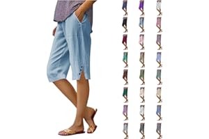 NUOKE Cotton Linen Shorts for Women UK Summer Knee Length Beach Bermuda Shorts Ladies Loose Casual Drawstring Pants Comfy Lounge Cropped Trousers with Pockets