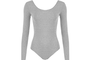 FASHION 7STAR New Ladies Stretch Bodysuit Long Sleeve Top Womens Leotard Scoop Neck Gymnastic Dance Leotard Top 8-14