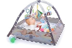 Trongle Baby Play Gym, Baby Play Mat Newborn with 5 Hanging Toys and 18 Ocean Balls, Lightweight Foam Stand Washable Soft Cotton Base, Playmats & Floor Gyms for 0-24months, with Carry Bag (80x80x55cm)