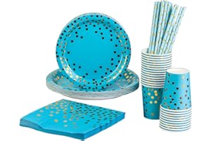 DHAIQC 125 Pezzi Stoviglie per Feste, Oro Blu Piatti Carta Compleanno Set Include Piatti di Carta Bicchieri Tovagliolo Cannuccia per Varie Feste di Compleanno e Matrimonio (25 Ospiti) (Oro&Blu)